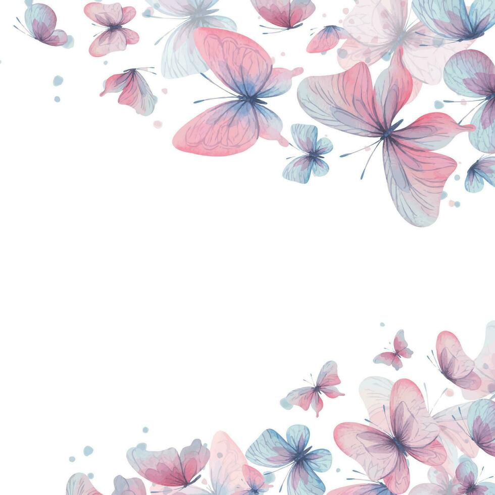 Butterflies are pink, blue, lilac, flying, delicate with wings and splashes of paint. Hand drawn watercolor illustration. Frame square, template, wreath on a white background, for design. vector