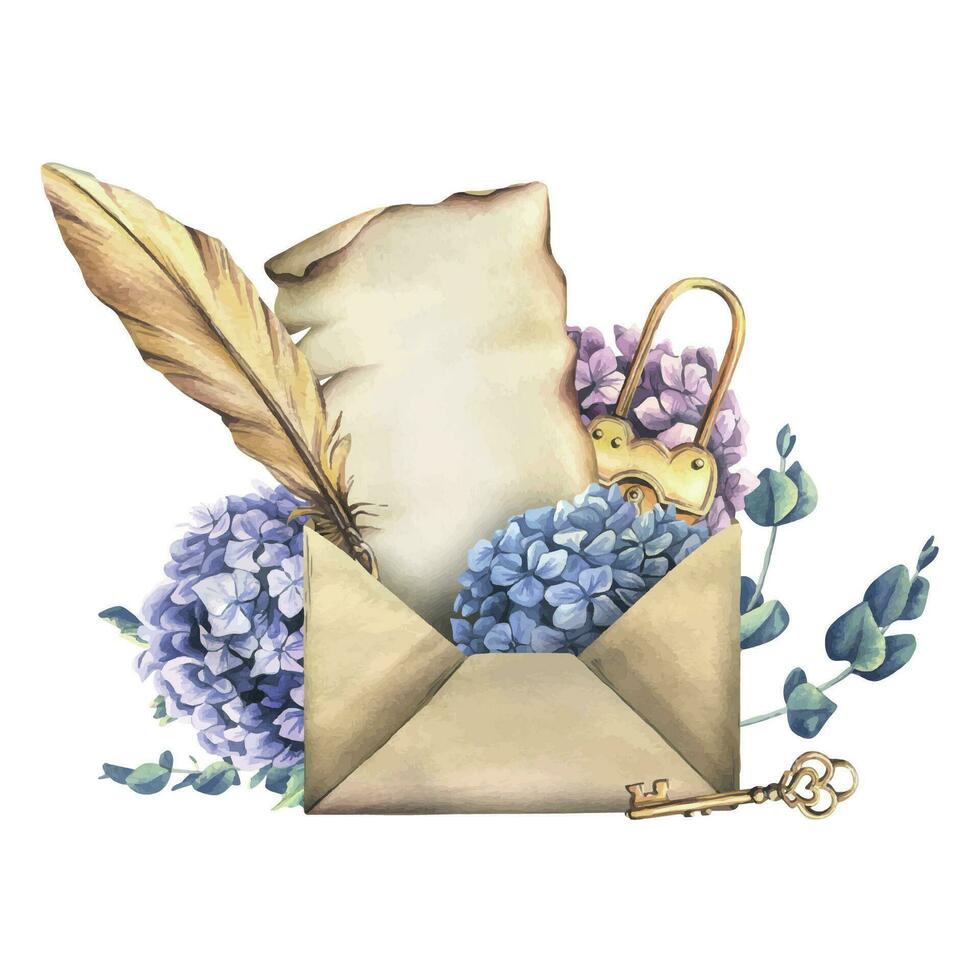 Craft envelope with a sheet of parchment with a gold lock, key and feather, with hydrangea flowers and eucalyptus. Hand drawn watercolor illustration. Isolated blank for text on a white background vector