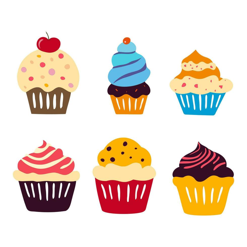 set of cupcakes with sprinkles vector