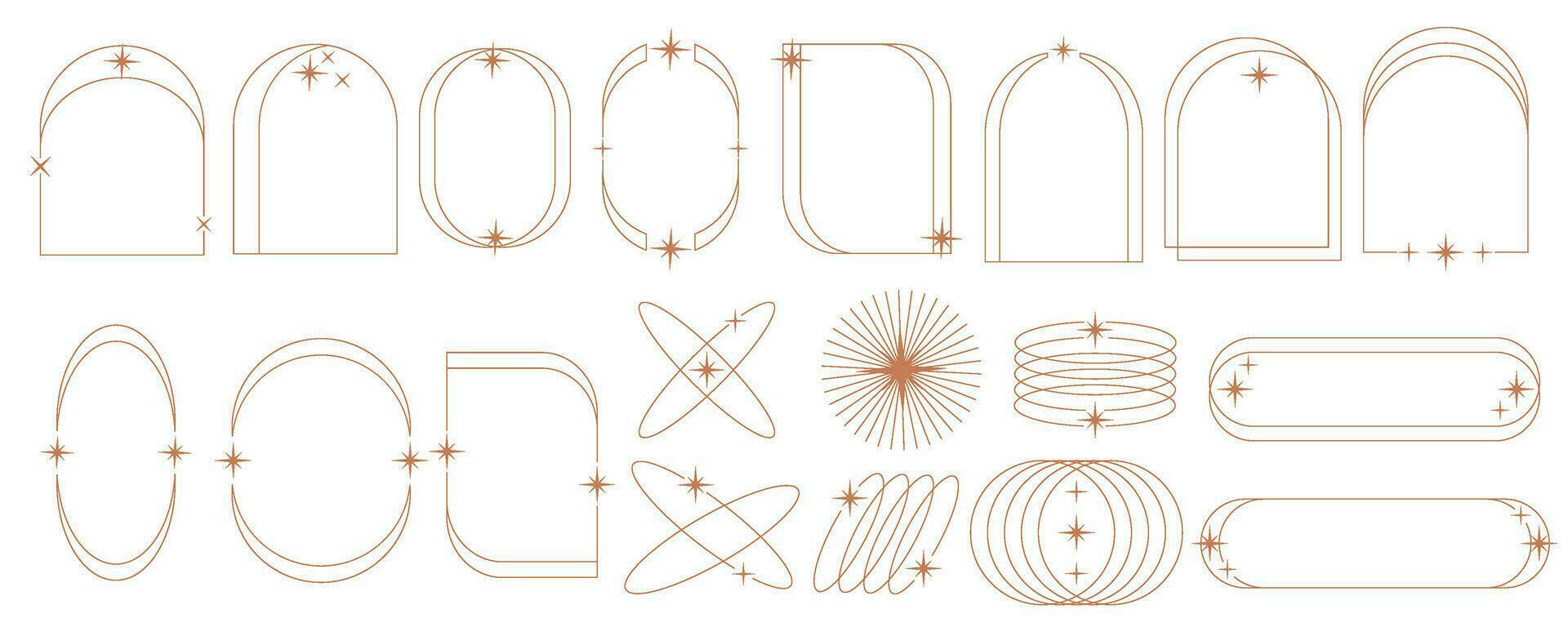 estético marco forma. contorno mínimo gráfico elementos con estrellas. resumen boho arcos con destellos de moda geométrico plantillas conjunto para póster y historia. vector ilustración