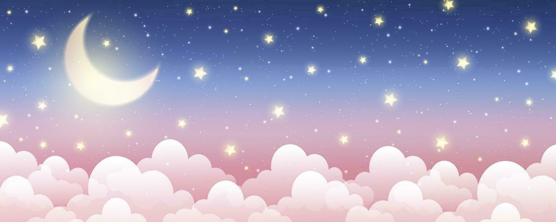 Night sky background. Starry dark gradient space. Crescent moon and clouds dreamy scene. Vector cute landscape panorama. Magic midnight illustration