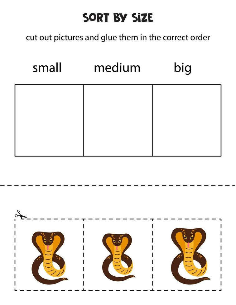 ordenar linda cobra por tamaño. educativo hoja de cálculo para niños. vector