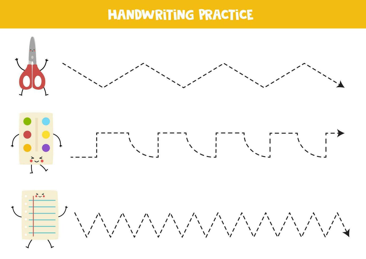 Tracing lines for kids. Cute cartoon kawaii school supplies. Handwriting practice. vector