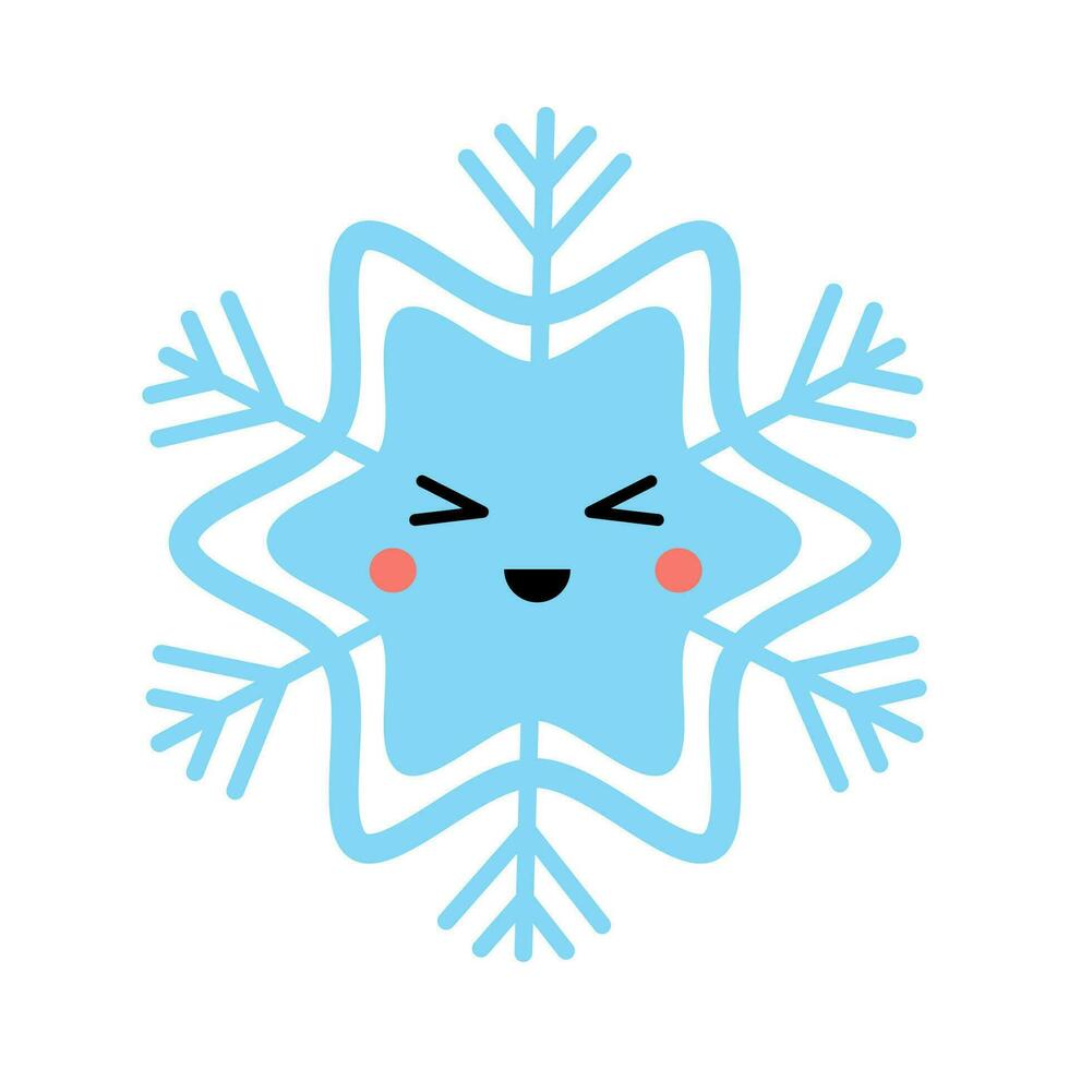 Vector illustration of cute cartoon kawaii snowflake isolated on white background.
