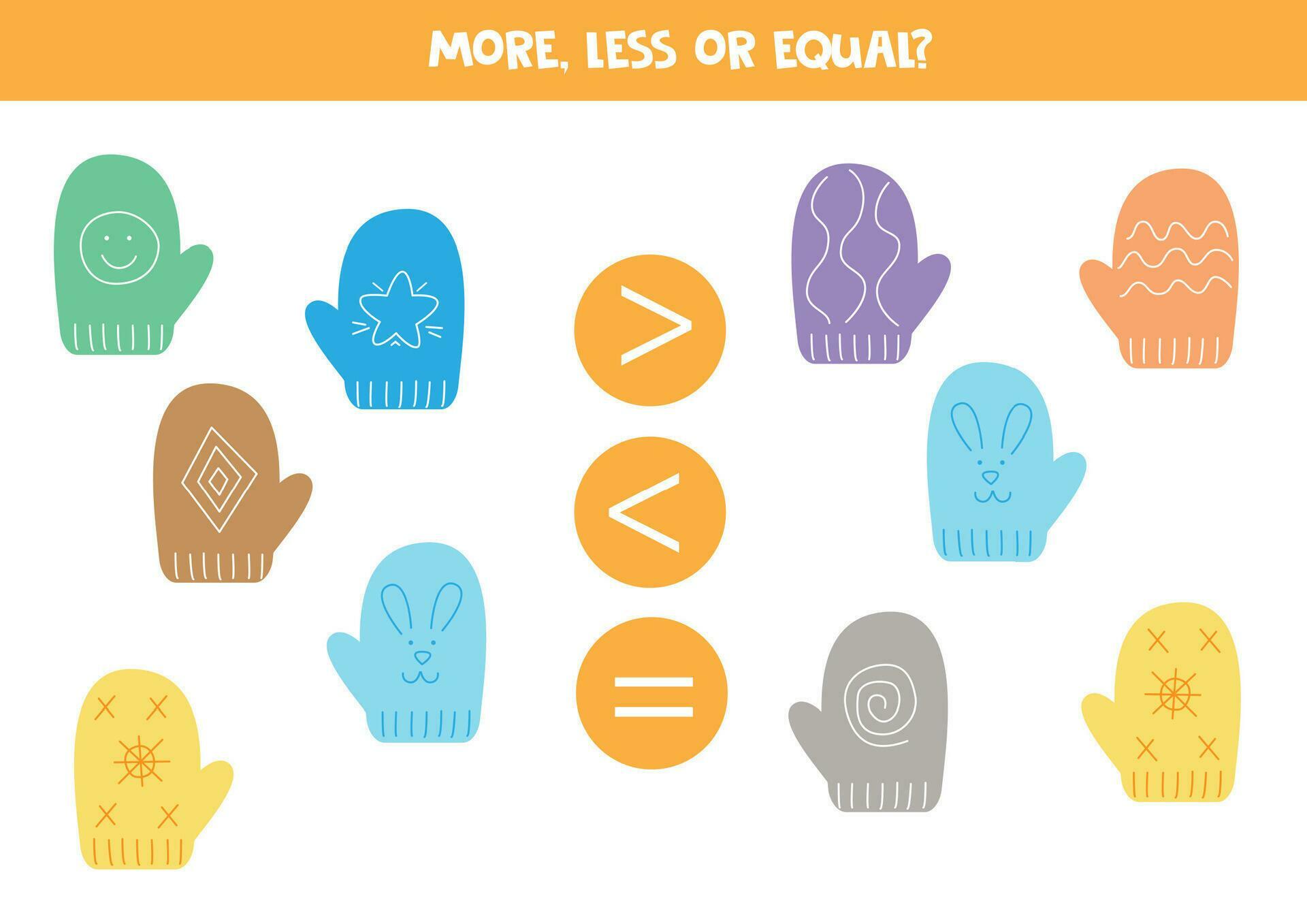 Grater, less or equal with cartoon colorful mittens. 35582283 Vector