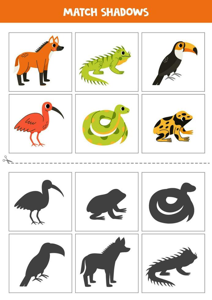 Find shadows of cute South American animals. Cards for kids. vector