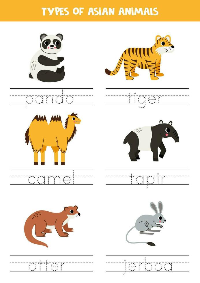 Tracing names of Asian animal types. Writing practice. vector