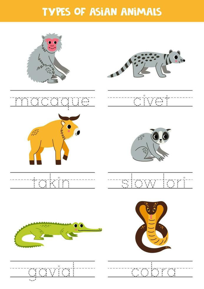Tracing names of Asian animal types. Writing practice. vector