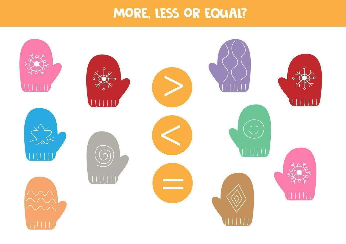 Grater, less or equal with cartoon colorful mittens. vector