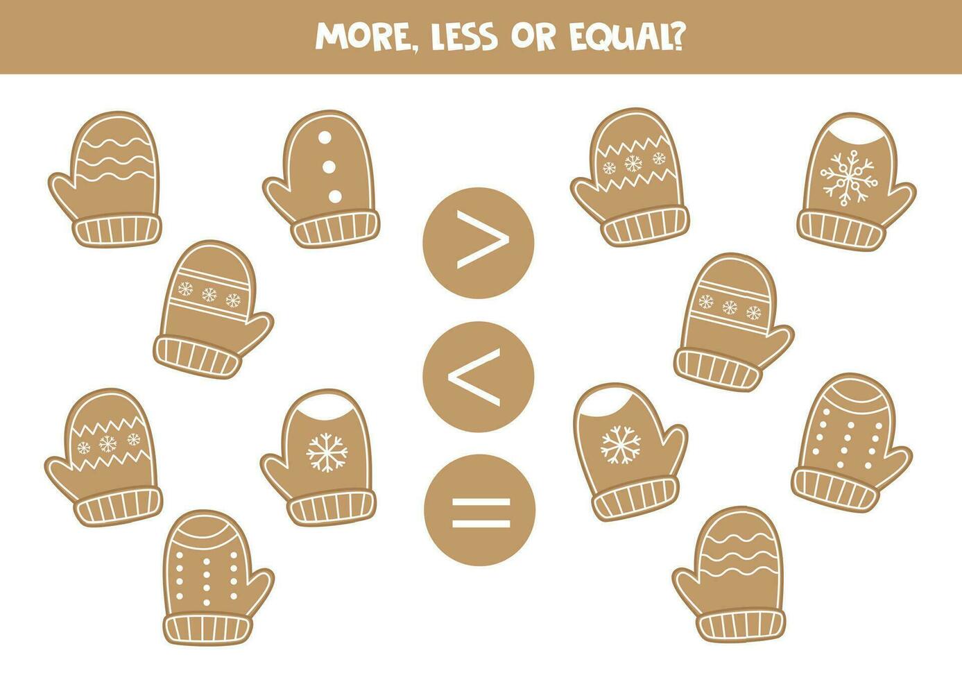 Grater, less or equal with cartoon gingerbread mittens. vector