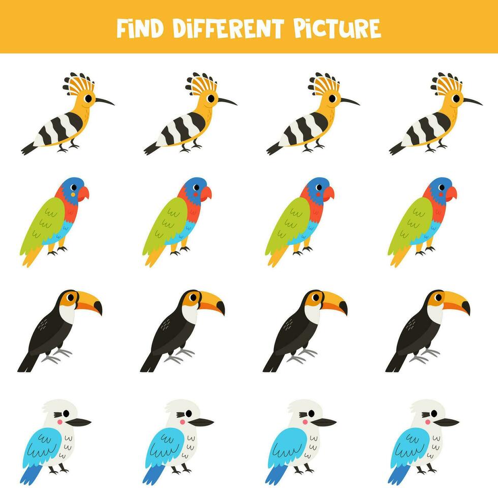 Find different bird in each row. Logical game for preschool kids. vector