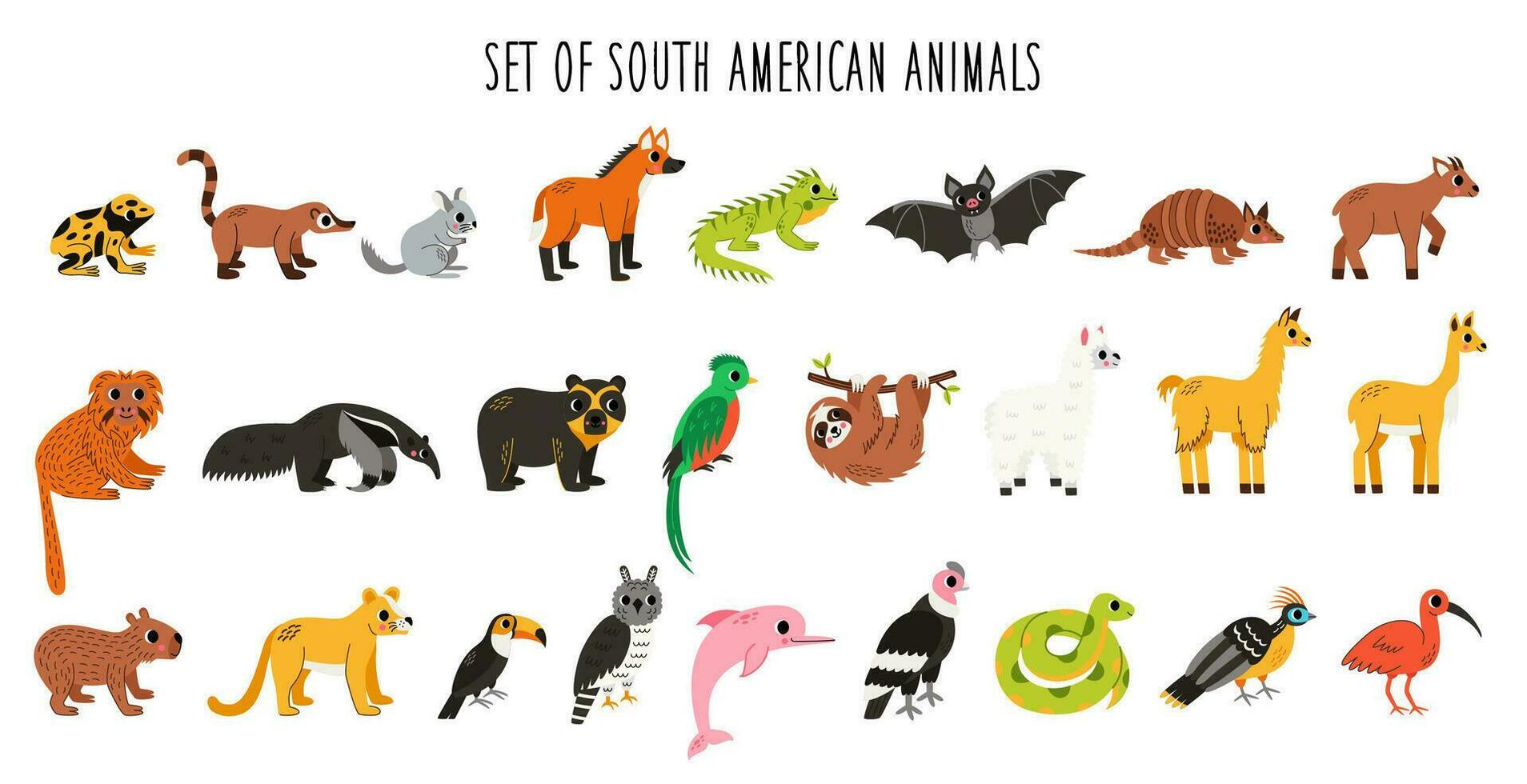 Set of cute South American animals with  in cartoon style on white background. vector