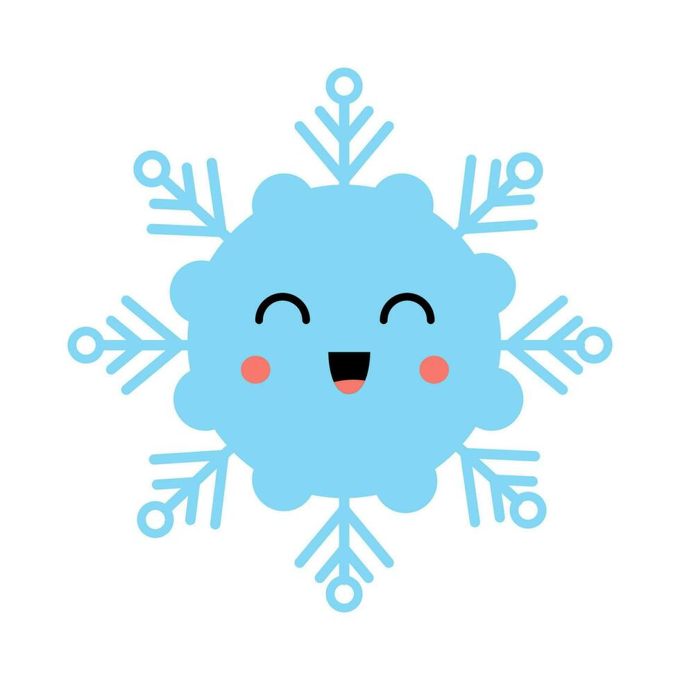 Vector illustration of cute cartoon kawaii snowflake isolated on white background.