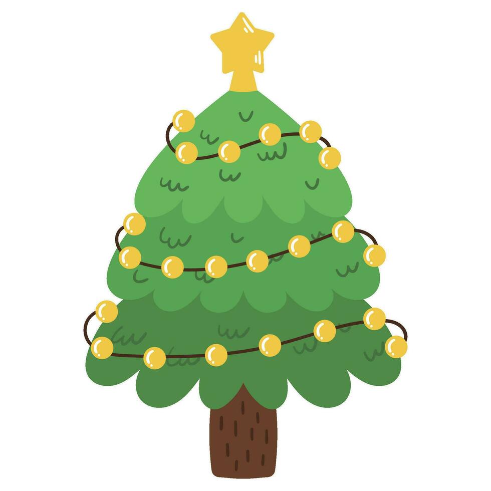 Christmas tree. Decorated pine and fir with light garland, balls and ribbons. vector