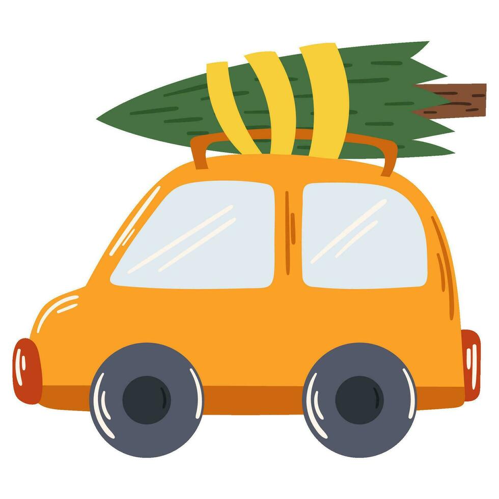 Yellow car with a Christmas tree on the roof vector