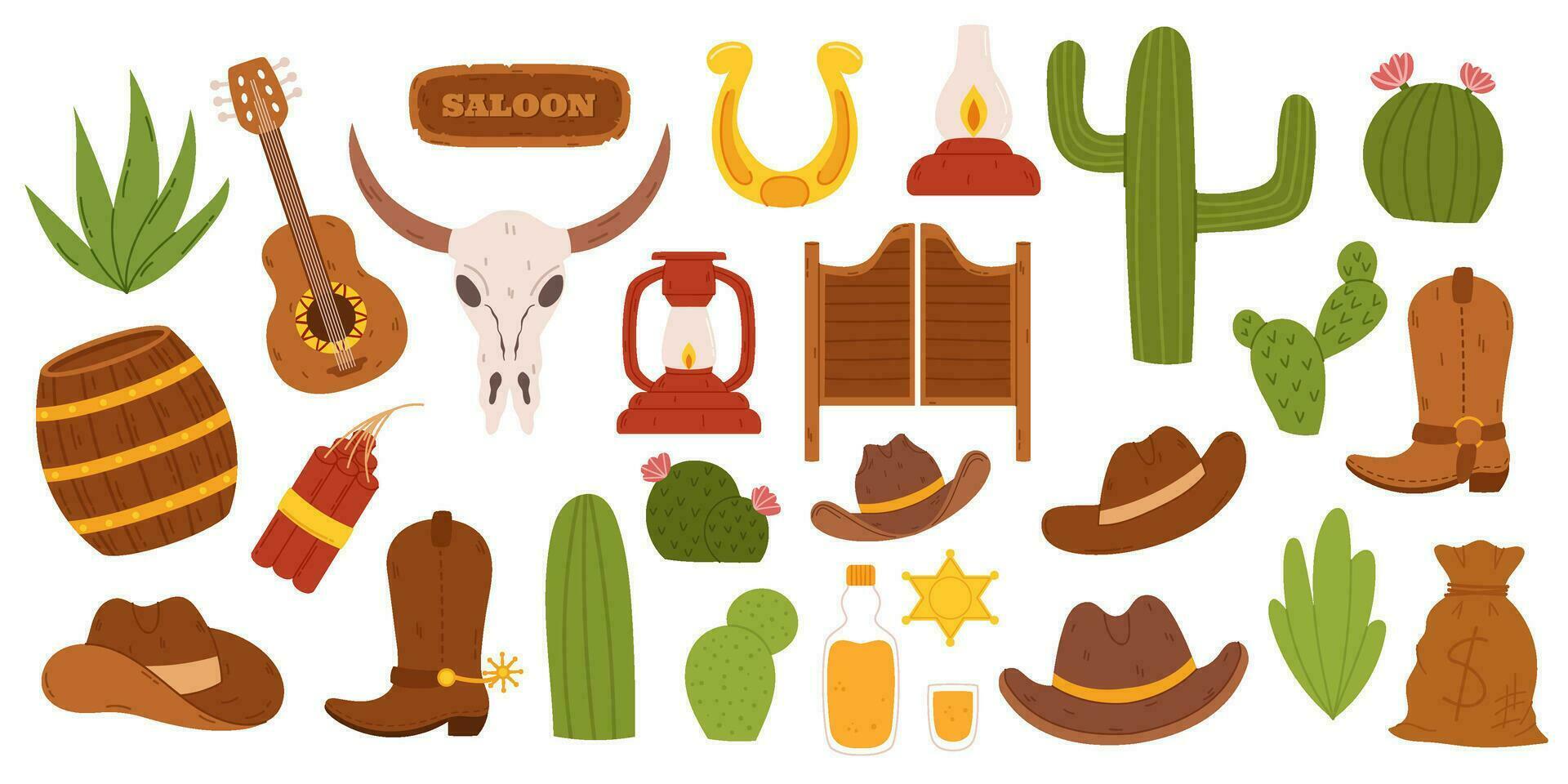 Collection with cowboy associated elements in flat had drawn style. Bull skull, dynamite and tequila bottle, cowboys boots and hat, cactus plants, bag with money vector