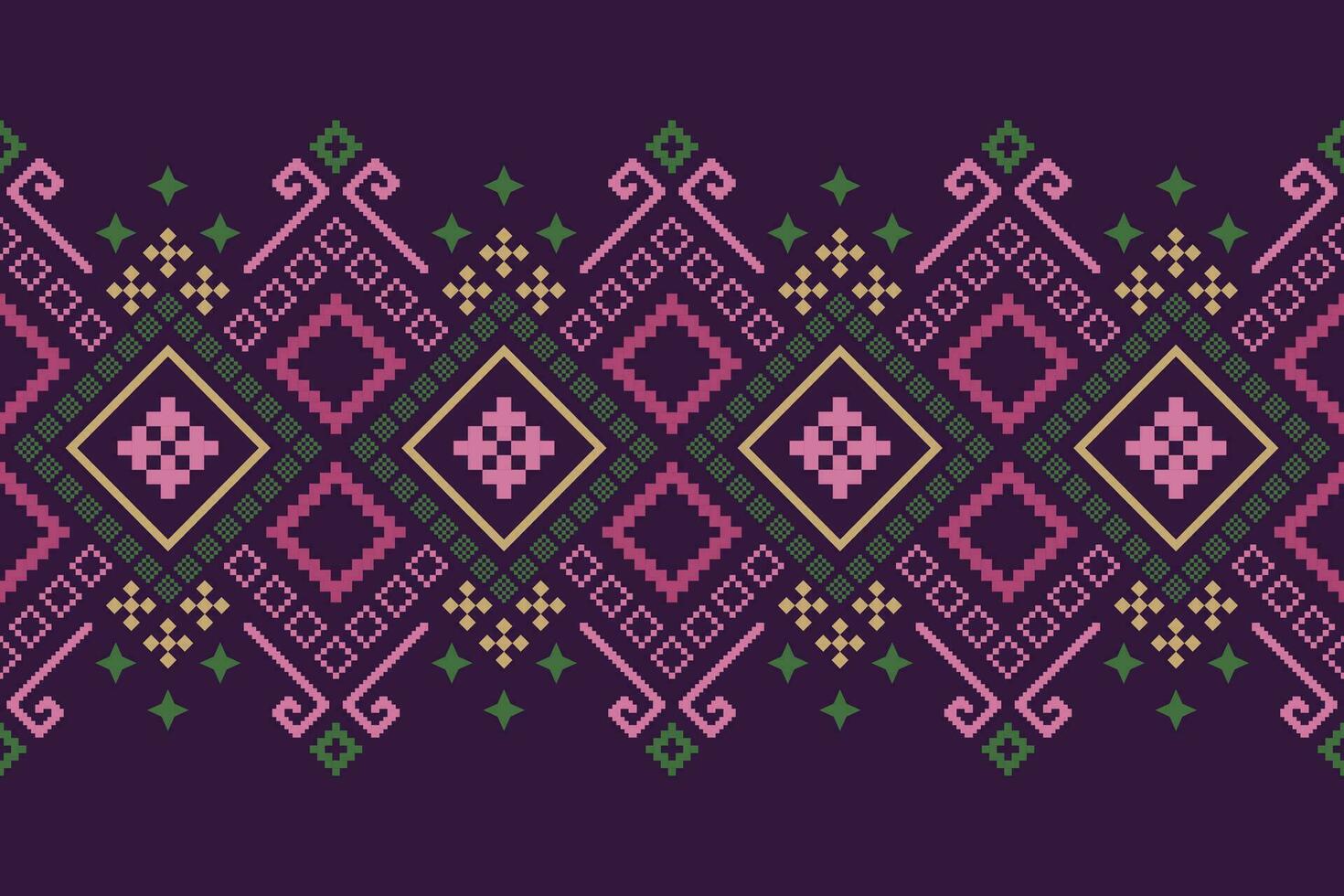 Purple cross stitch traditional ethnic pattern paisley flower Ikat background abstract Aztec African Indonesian Indian seamless pattern for fabric print cloth dress carpet curtains and sarong vector
