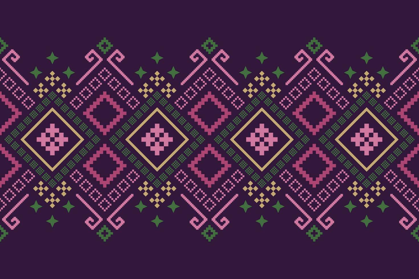 Purple cross stitch traditional ethnic pattern paisley flower Ikat background abstract Aztec African Indonesian Indian seamless pattern for fabric print cloth dress carpet curtains and sarong vector