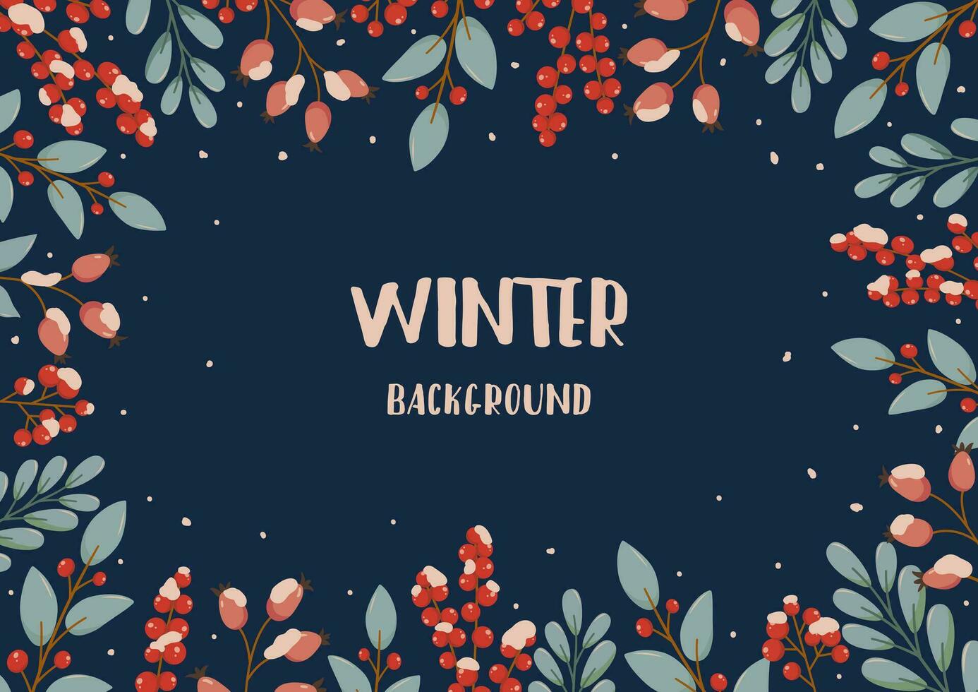 Rectangular festive banner on blue with text Winter background in flat vector style. Hand drawn berries ilex, mistletoe and snow. Holiday seasonal floral decoration.