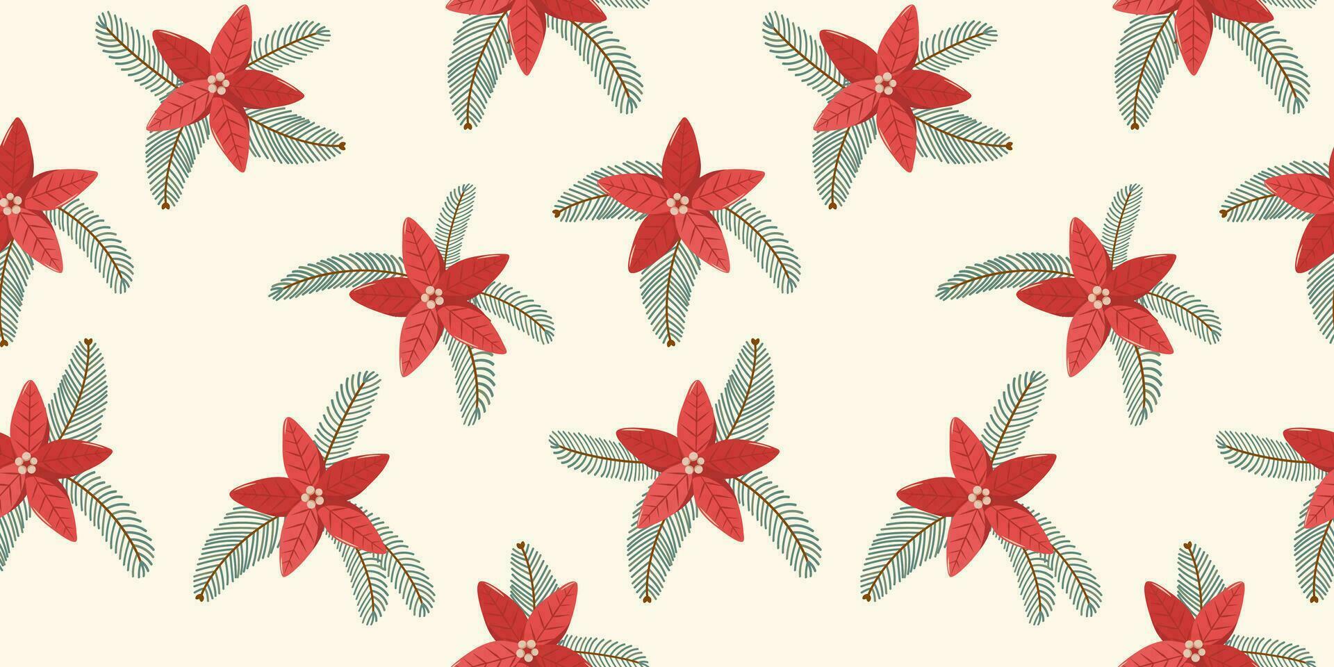 Winter rectangular seamless pattern on white background with hand drawn christmas tree branches, poinsettia in flat vector style. Holiday seasonal floral decoration. For textile, background, packaging