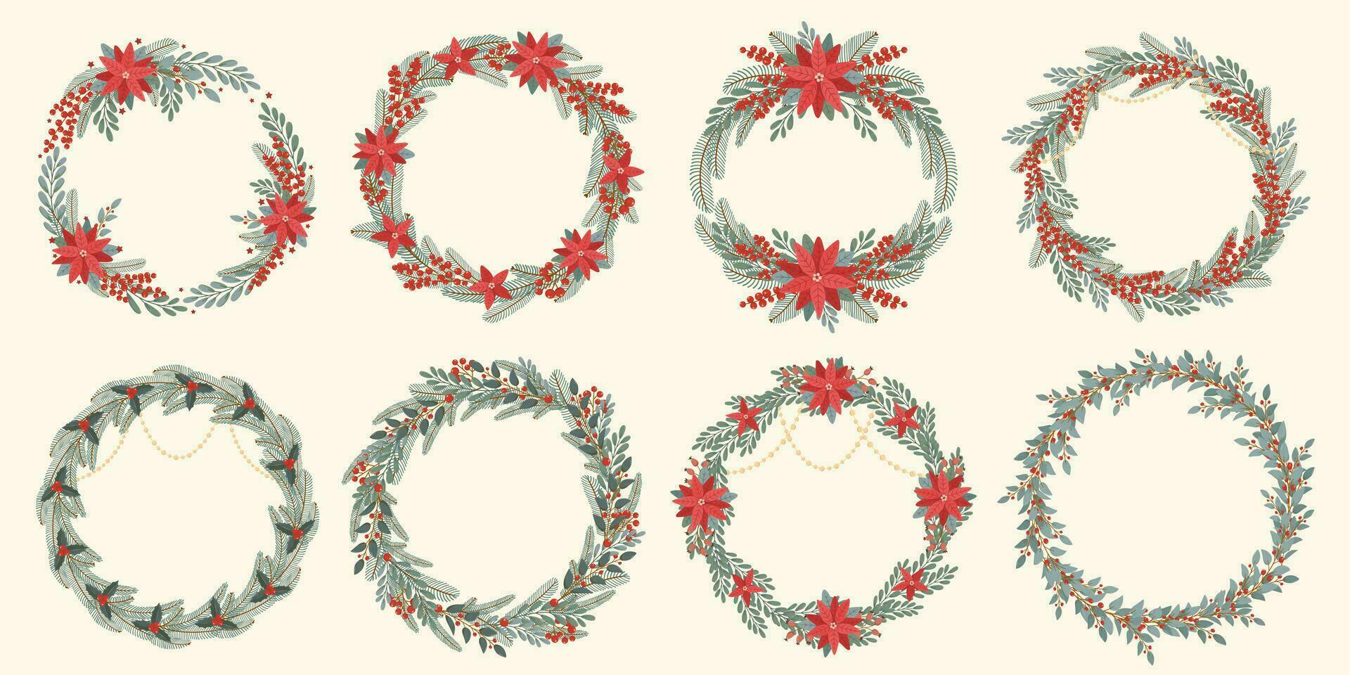 Set elegant door christmas wreaths in flat hand drawn style. Winter holiday decoration. Poinsettia, holly, Christmas tree branches and berries. Design elements for card, poster, invitation, banner vector