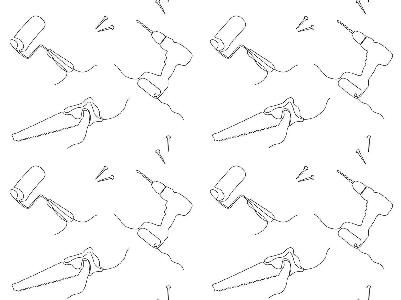 seamless abstract pattern of repair tool kit, roller, saw and drill, screwdriver Continuous drawing in one line vector