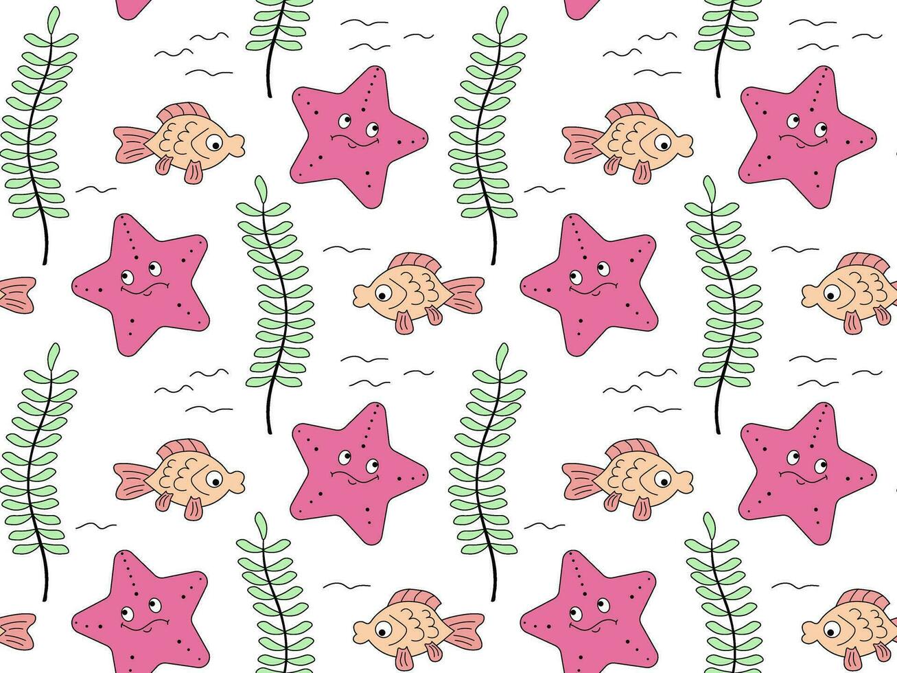 Seamless  doodle pattern underwater world, children's, starfish,algae and fish vector