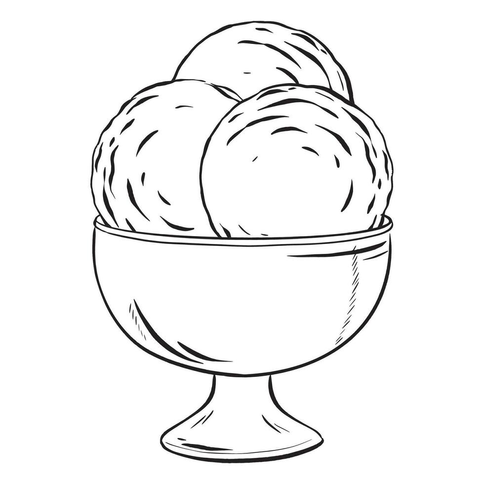 vector illustration of three delectable ice cream scoops in a metal dish. A sweet dessert for cafes and restaurants, ideal for menu designs. A treat for everyone to savor