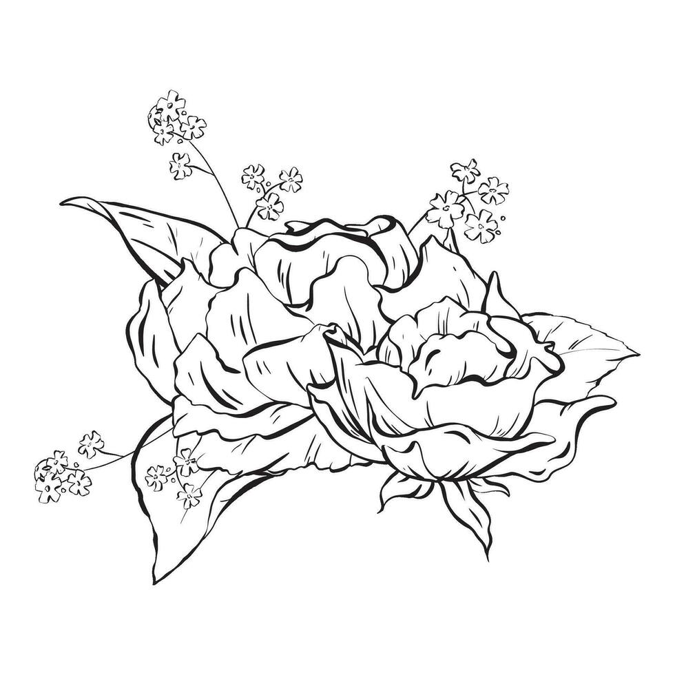 Ink. Floral composition featuring delicate open rose flowers and woodland forget-me-nots. Wildflowers and rose leaves. A stylish illustration for cards coloring prints, posters and textile printing vector