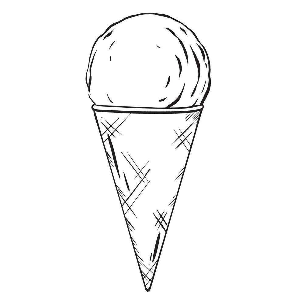 Vector illustration. A sweet ice cream scoop in a crunchy waffle cone. A delightful cold dessert, a summer joy for children, but an indulgent treat with its share of sweetness