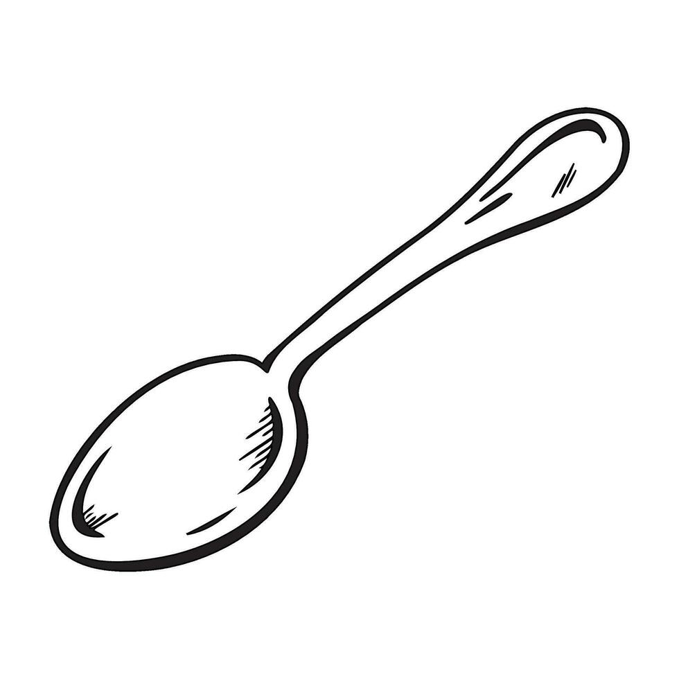 Vector sketch of an empty metallic spoon in a rustic style. Essential kitchen utensil, perfect for table settings and culinary-themed designs. Includes dessert and measuring spoons for sugar and salt.
