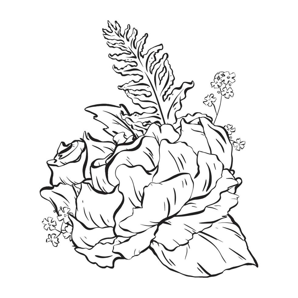 Ink. Floral composition featuring delicate open rose flowers, fern, rose leaves, and woodland forget-me-nots. A stylish illustration for cards, coloring, prints, posters, and textile printing. vector