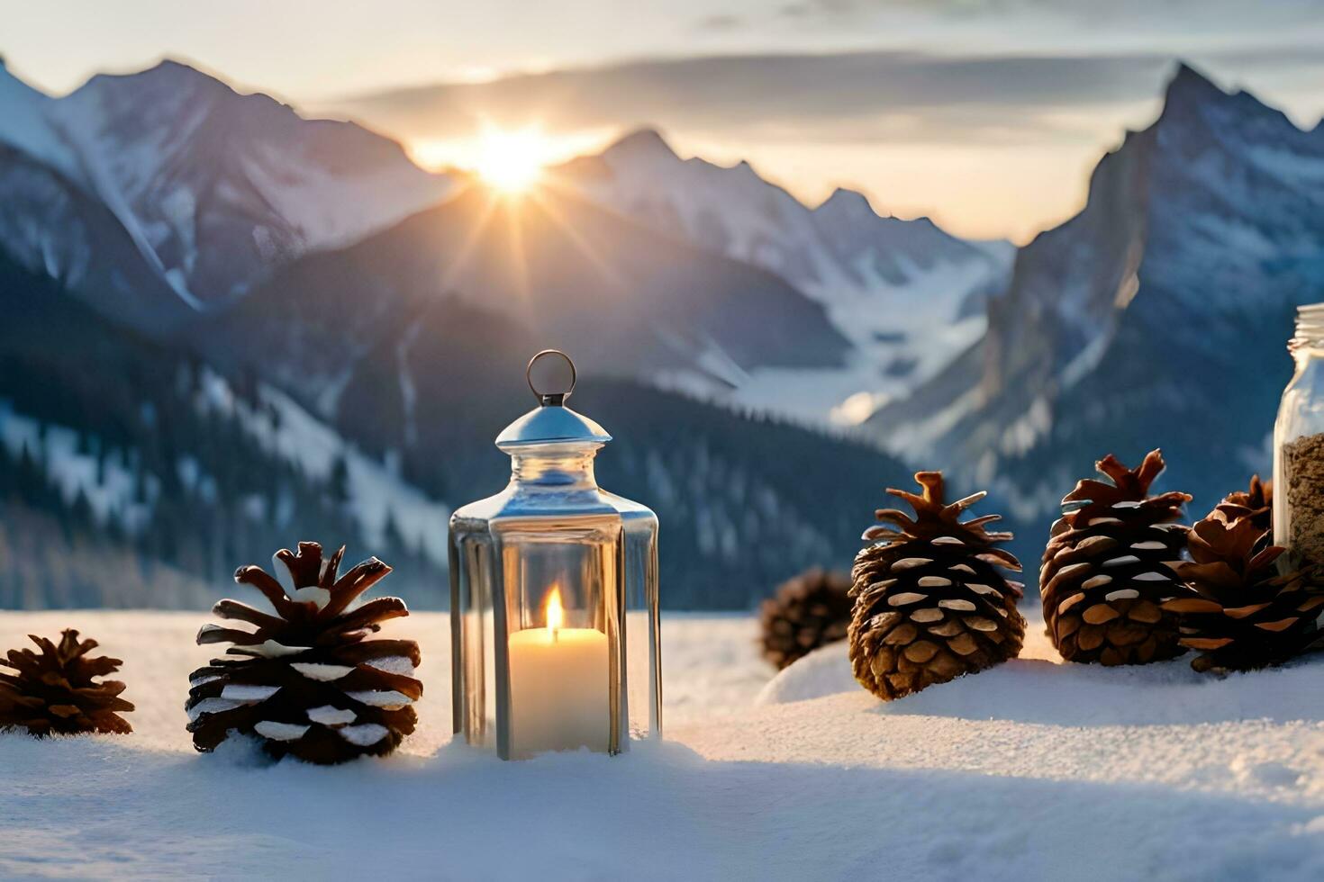 AI generated three pine cones with candles in the snow photo