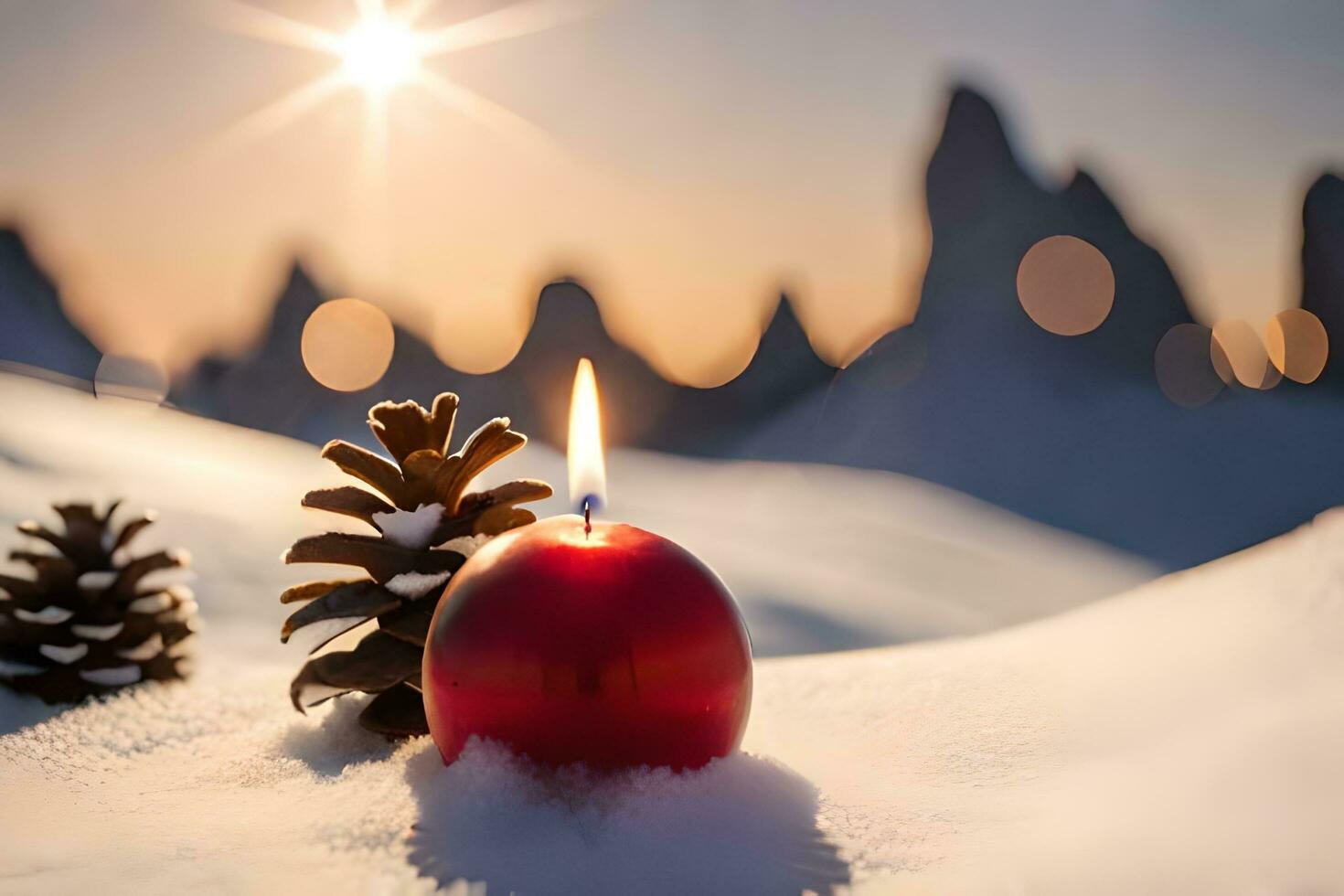 AI generated snow covered pine cones on a snowy mountain photo