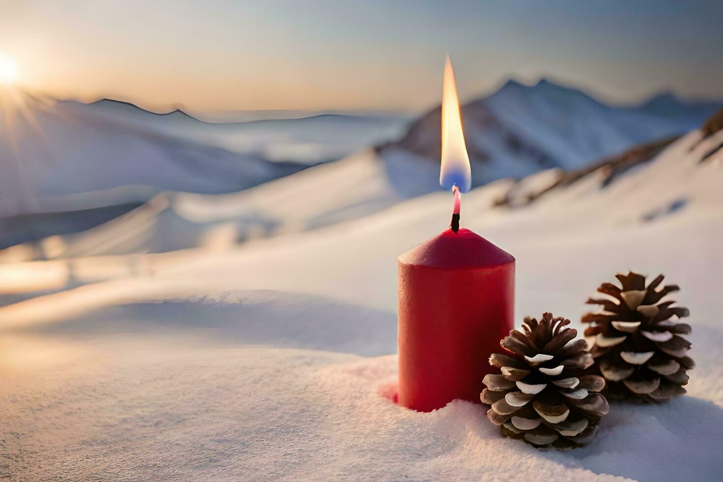 AI generated snow covered pine cones on a snowy mountain photo