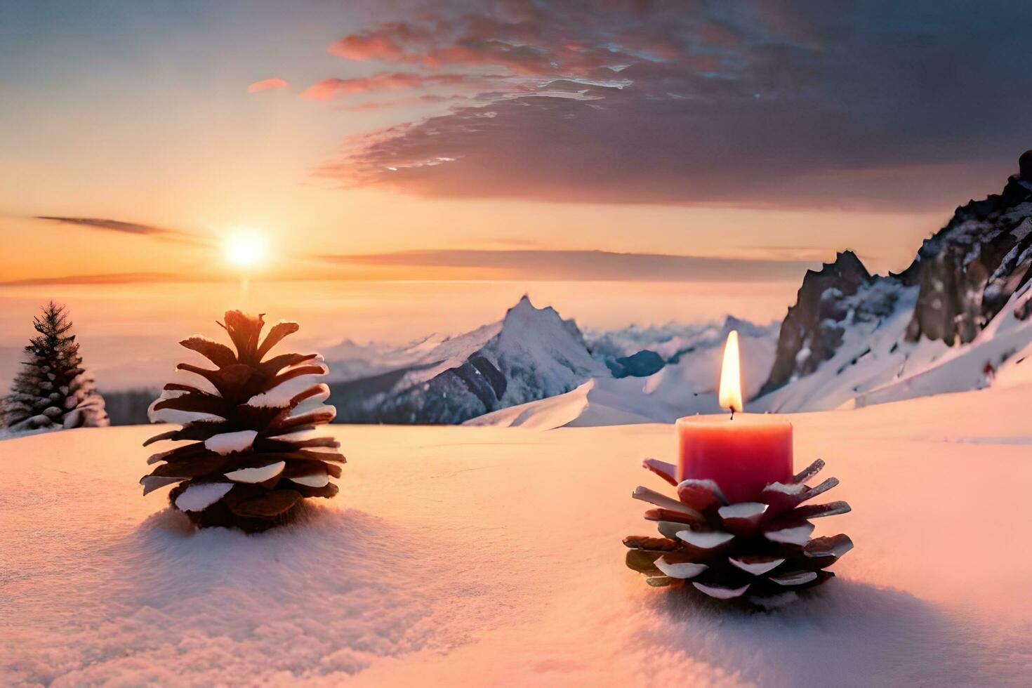 AI generated three pine cones with candles in the snow photo