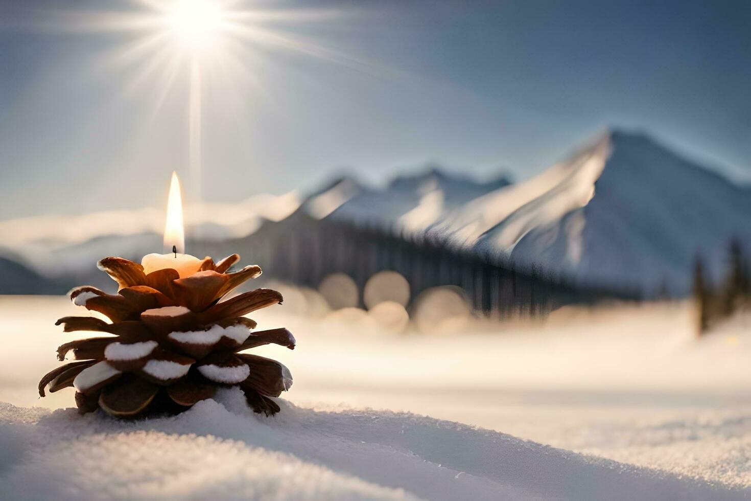 AI generated snow covered pine cones on a snowy mountain photo