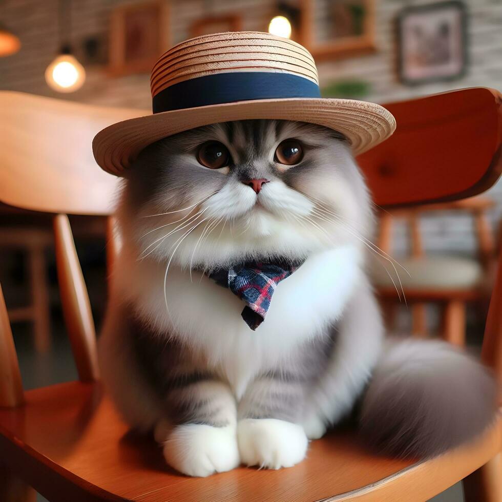 AI generated A cute cat in a hat is sitting on a chair ai generate photo