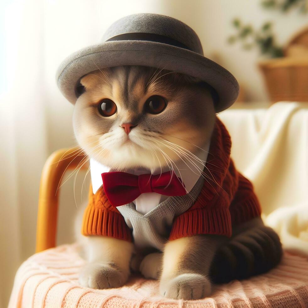 ai generado un linda gato en un sombrero es sentado en un silla ai generar foto