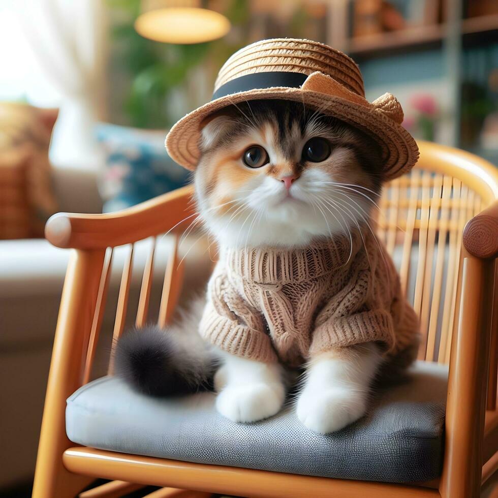 AI generated A cute cat in a hat is sitting on a chair ai generate photo