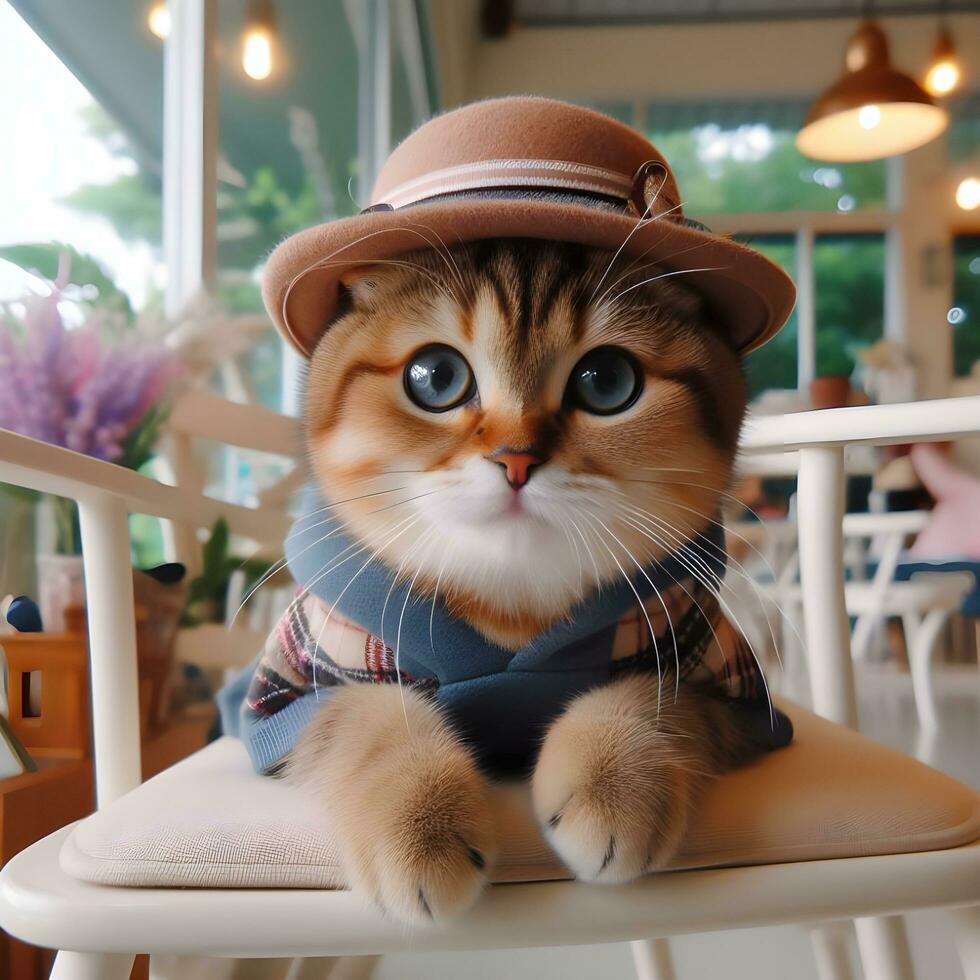 AI generated A cute cat in a hat is sitting on a chair ai generate photo