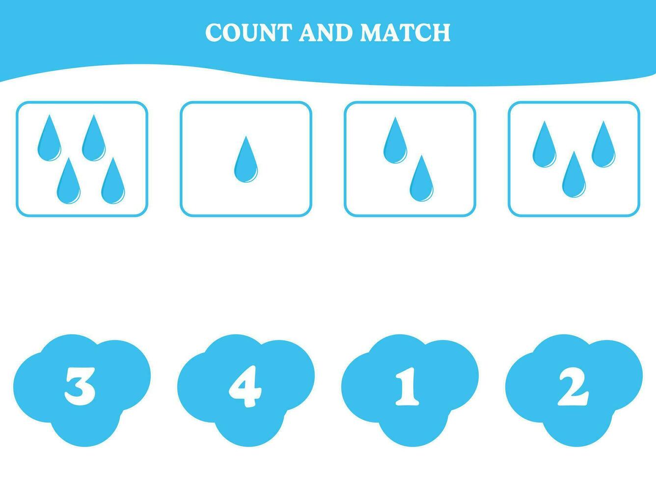 Count and match game with rain drop. Educational worksheet design for preschool, kindergarten students. Learning mathematics. Brain teaser fun activity for kids. vector