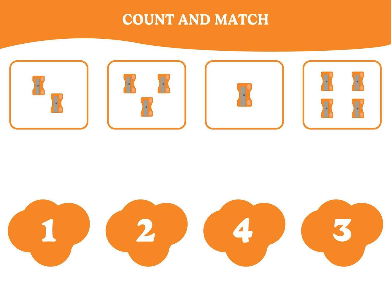 Count and match game with sharpener. Educational worksheet design for preschool, kindergarten students. Learning mathematics. Brain teaser fun activity for kids. vector