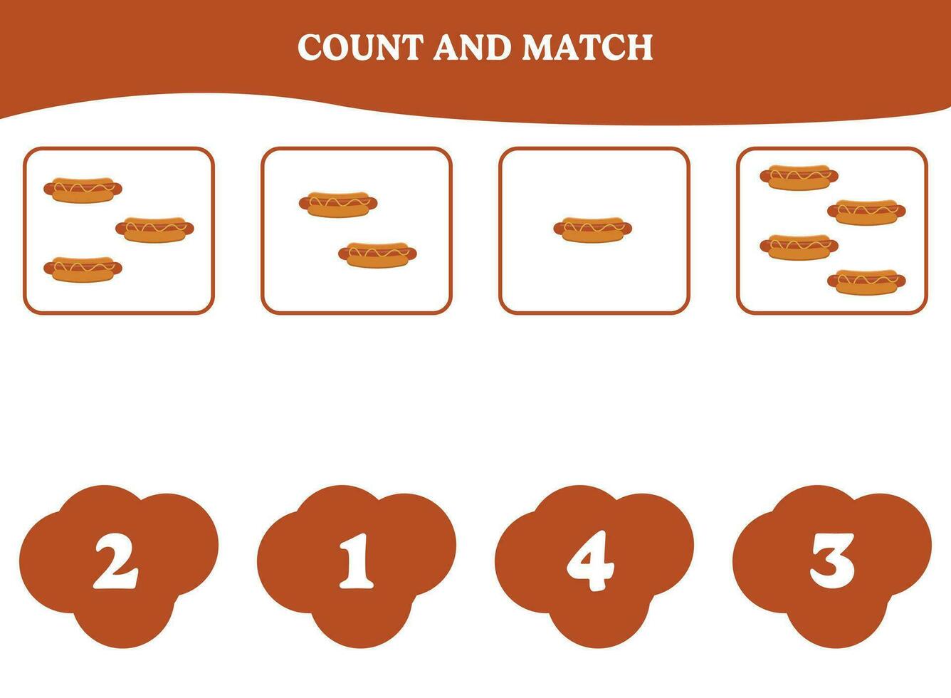 contar y partido juego con caliente perro. educativo hoja de cálculo diseño para preescolar, jardín de infancia estudiantes. aprendizaje matemáticas. cerebro rompecabezas divertido actividad para niños. vector