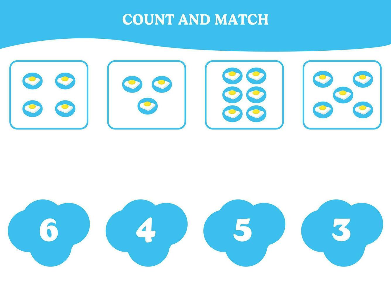 Count and match game with fried egg. Educational worksheet design for preschool, kindergarten students. Learning mathematics. Brain teaser fun activity for kids. vector