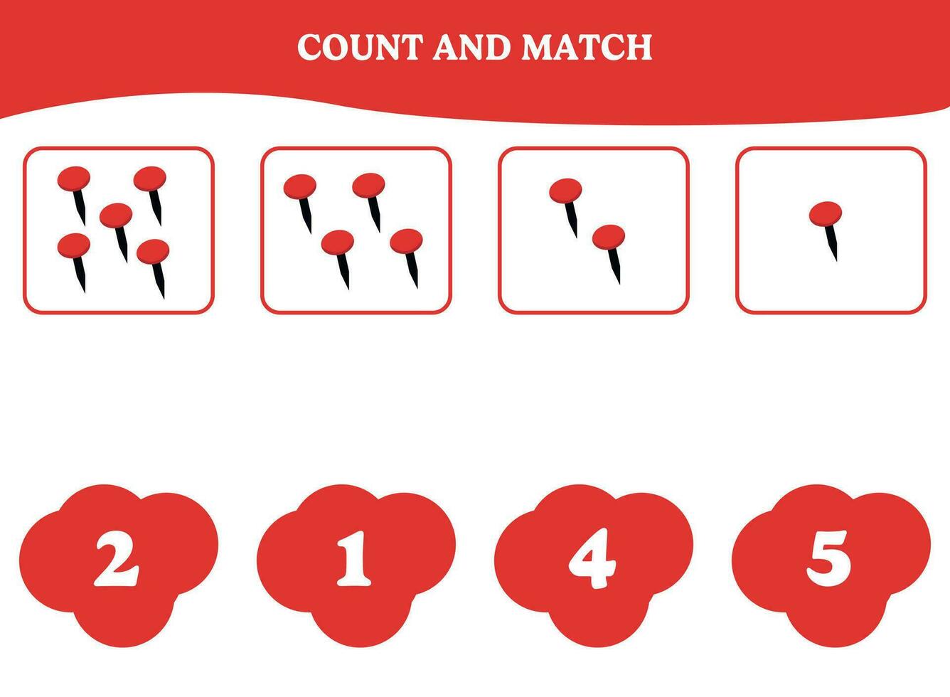 Count and match game with thumbtack. Educational worksheet design for preschool, kindergarten students. Learning mathematics. Brain teaser fun activity for kids. vector