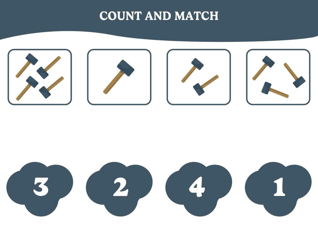 Count and match game with hammer. Educational worksheet design for preschool, kindergarten students. Learning mathematics. Brain teaser fun activity for kids. vector