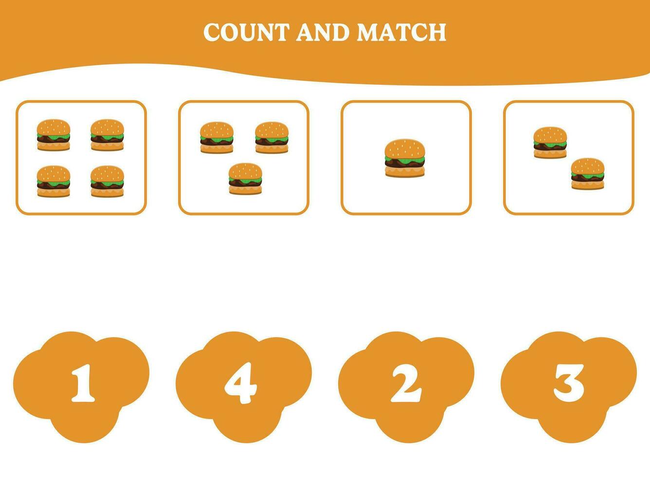 Count and match game with hamburger. Educational worksheet design for preschool, kindergarten students. Learning mathematics. Brain teaser fun activity for kids. vector