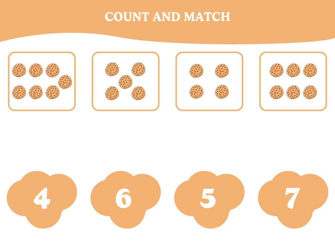 Count and match game with cookie. Educational worksheet design for preschool, kindergarten students. Learning mathematics. Brain teaser fun activity for kids. vector
