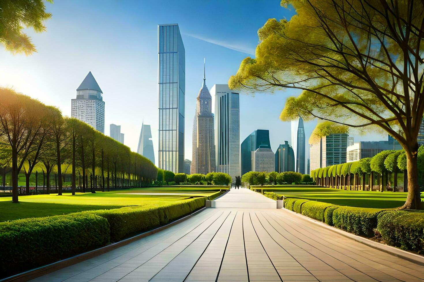 AI generated a cityscape with a park and a walkway photo